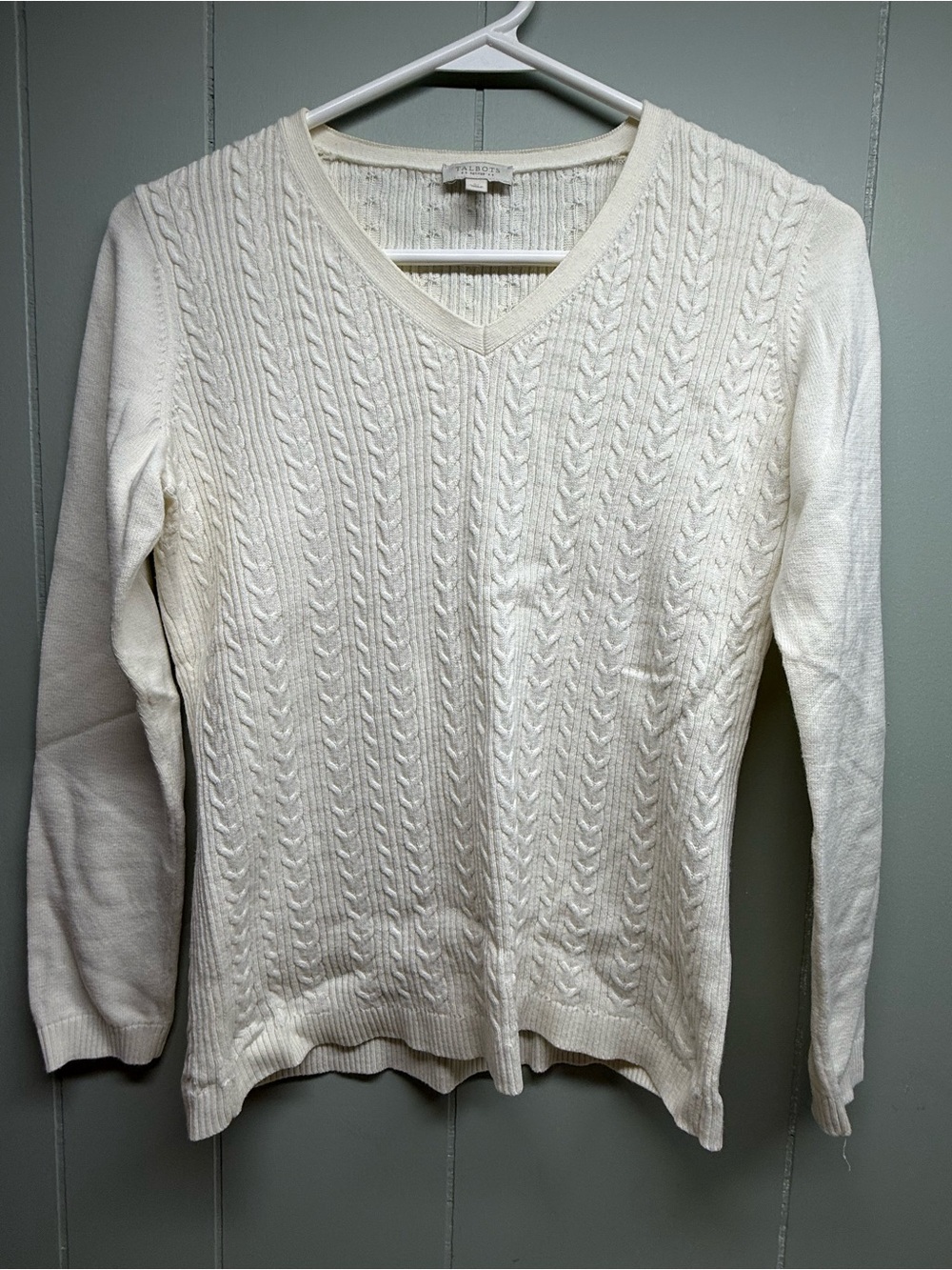 Talbots White Cable-Knit V-Neck Sweater